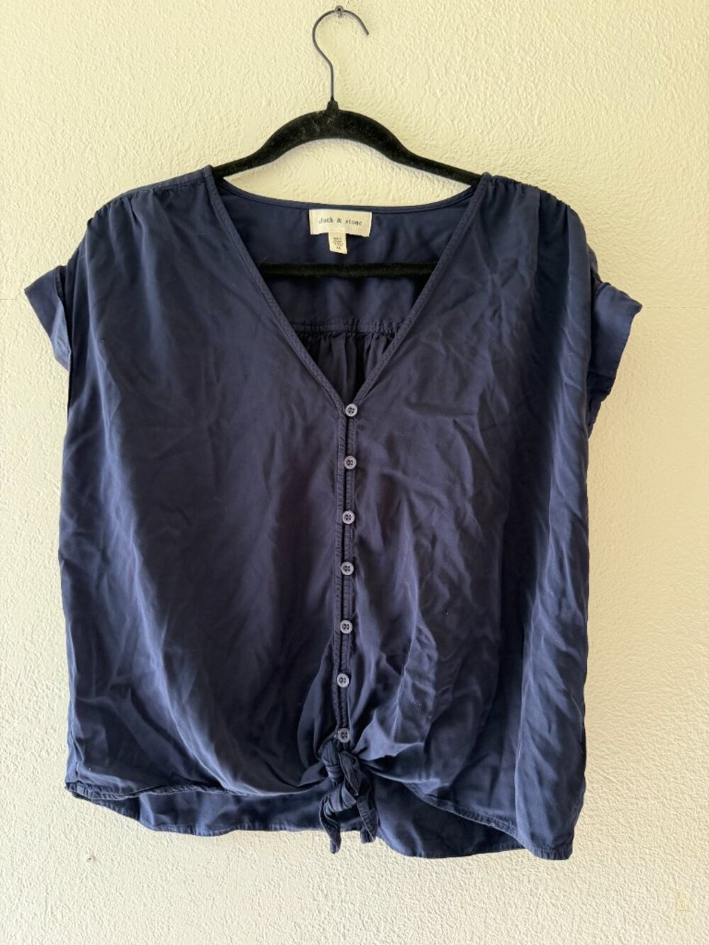 Cloth & Stone Shirred Button Down Tie-Front Top, Dark Blue Size XL